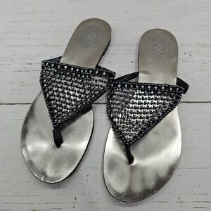 Vince Camuto Size 7.5 Black‎ White Beaded Flip Flop Flat Sandal